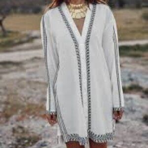 Zara -  white Cotton Embroidered Tunic Dress - M